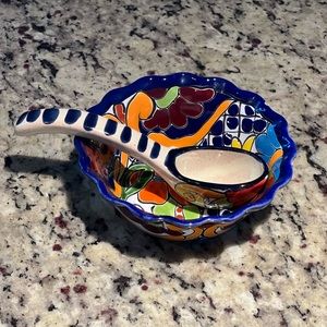 Mexican Talavera Ceramic Salsa Dish with Spoon